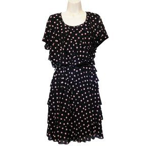 INC Dress 1X Black Pink Dots Ruffles Tiers Belt Short Sleeve Lined Polyester